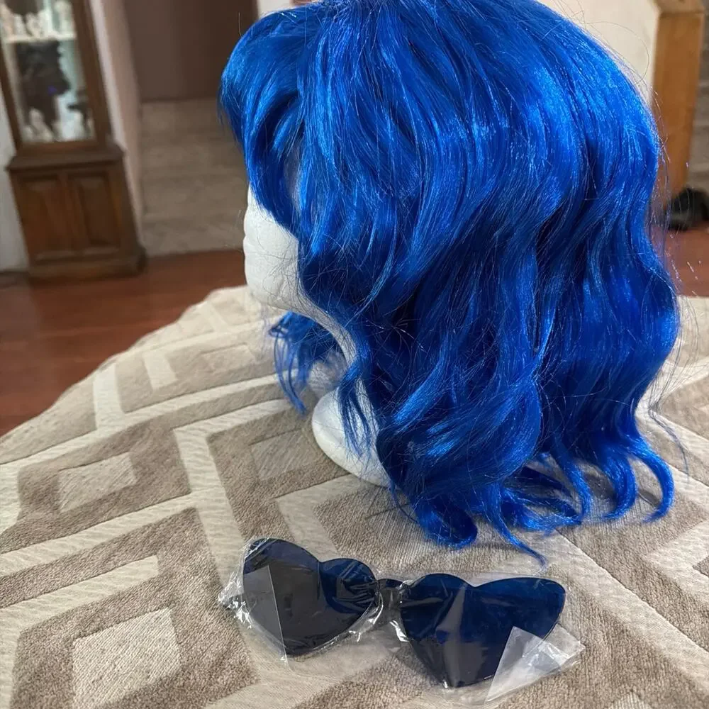 Halloween Blue Synthetic Wig with Blue Heart Sunglasses